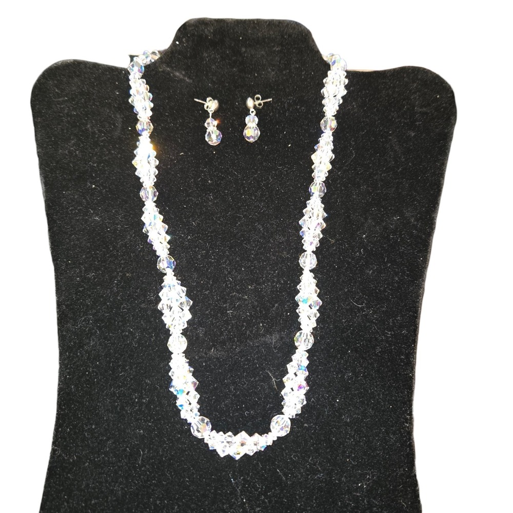 Swarovsky Handmade Clear Crystal Beaded‎ 925 Silver Necklace 21" & Earrings Set